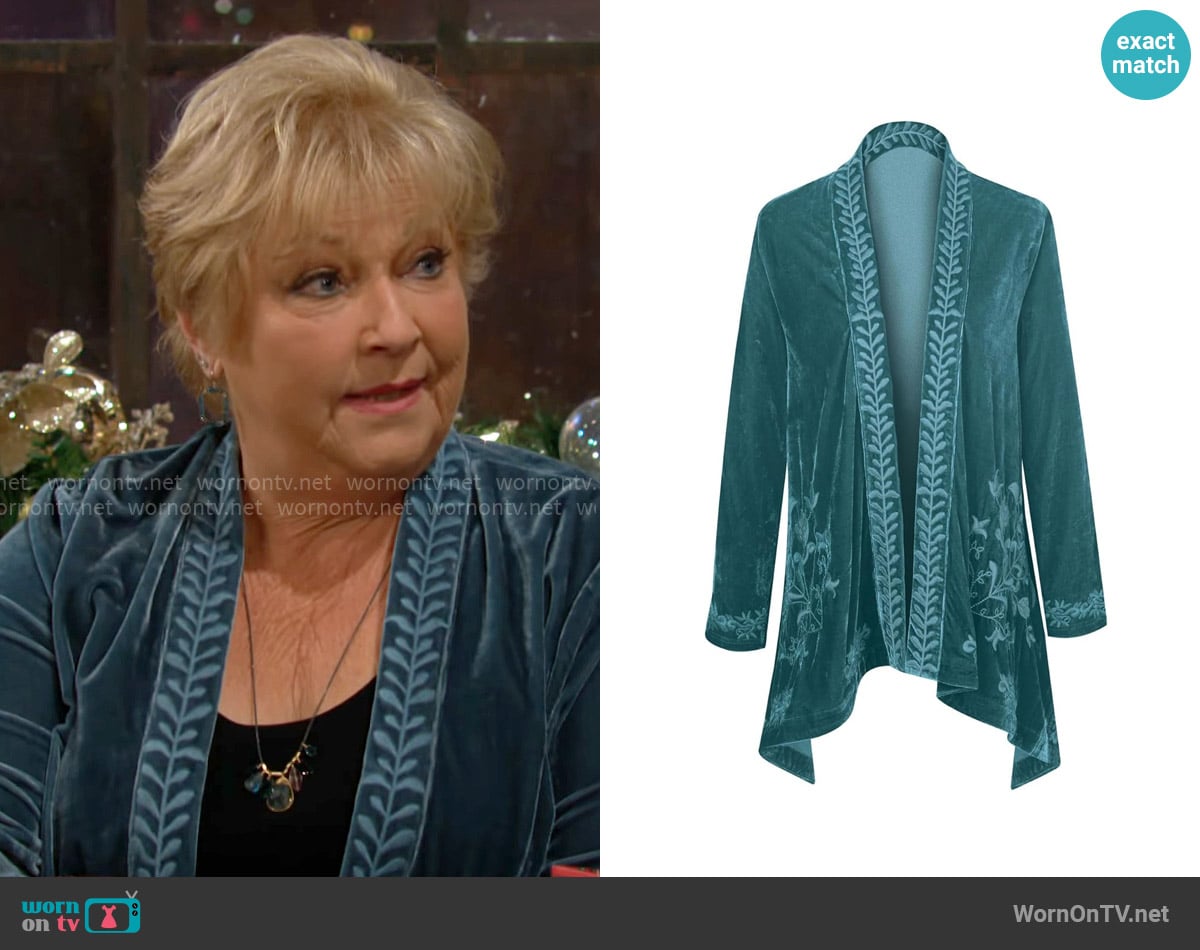 Floriana Embroidered Kimono Cardigan in Teal worn by Traci Abbott (Beth Maitland) on The Young and the Restless