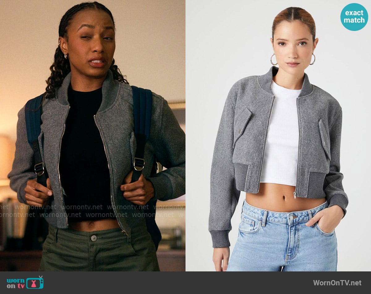 Forever 21 Cropped Zip-Up Bomber Jacket worn by Whitney Chase (Alyah Chanelle Scott) on The Sex Lives of College Girls