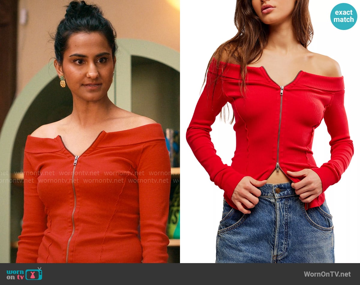 Free People Eye Candy Tee in Rusted Red worn by Bela Malhotra (Amrit Kaur) on The Sex Lives of College Girls