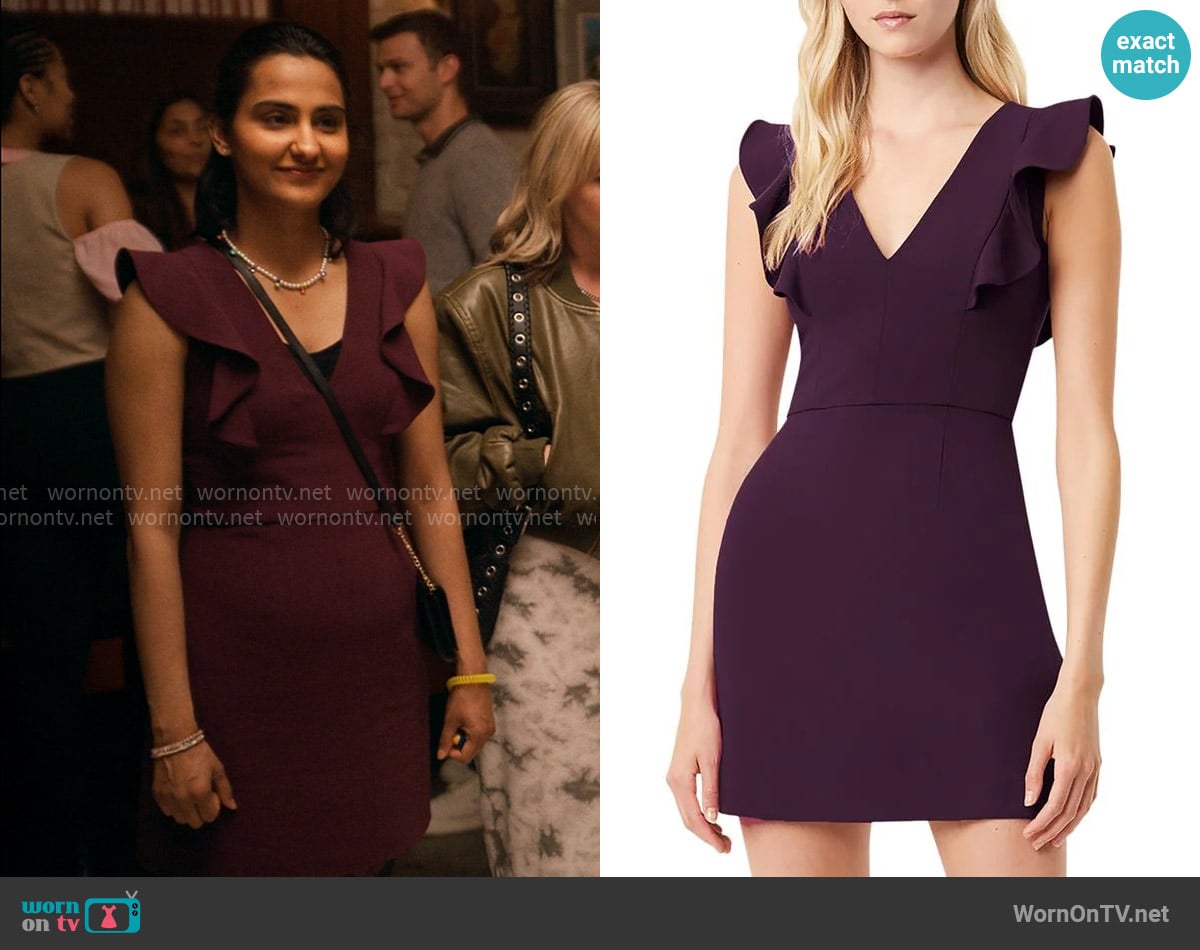 French Connection Whisper Ruffled V-Neck Mini Dress in Dark Fig worn by Bela Malhotra (Amrit Kaur) on The Sex Lives of College Girls