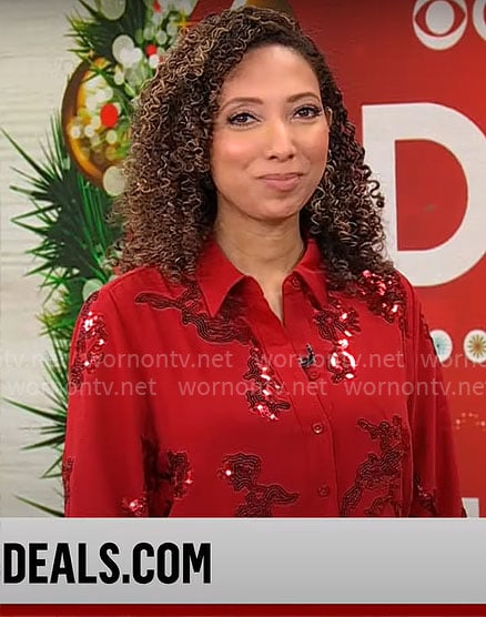 Gabrielle Kerr’s red sequin shirt and pants set on CBS Mornings
