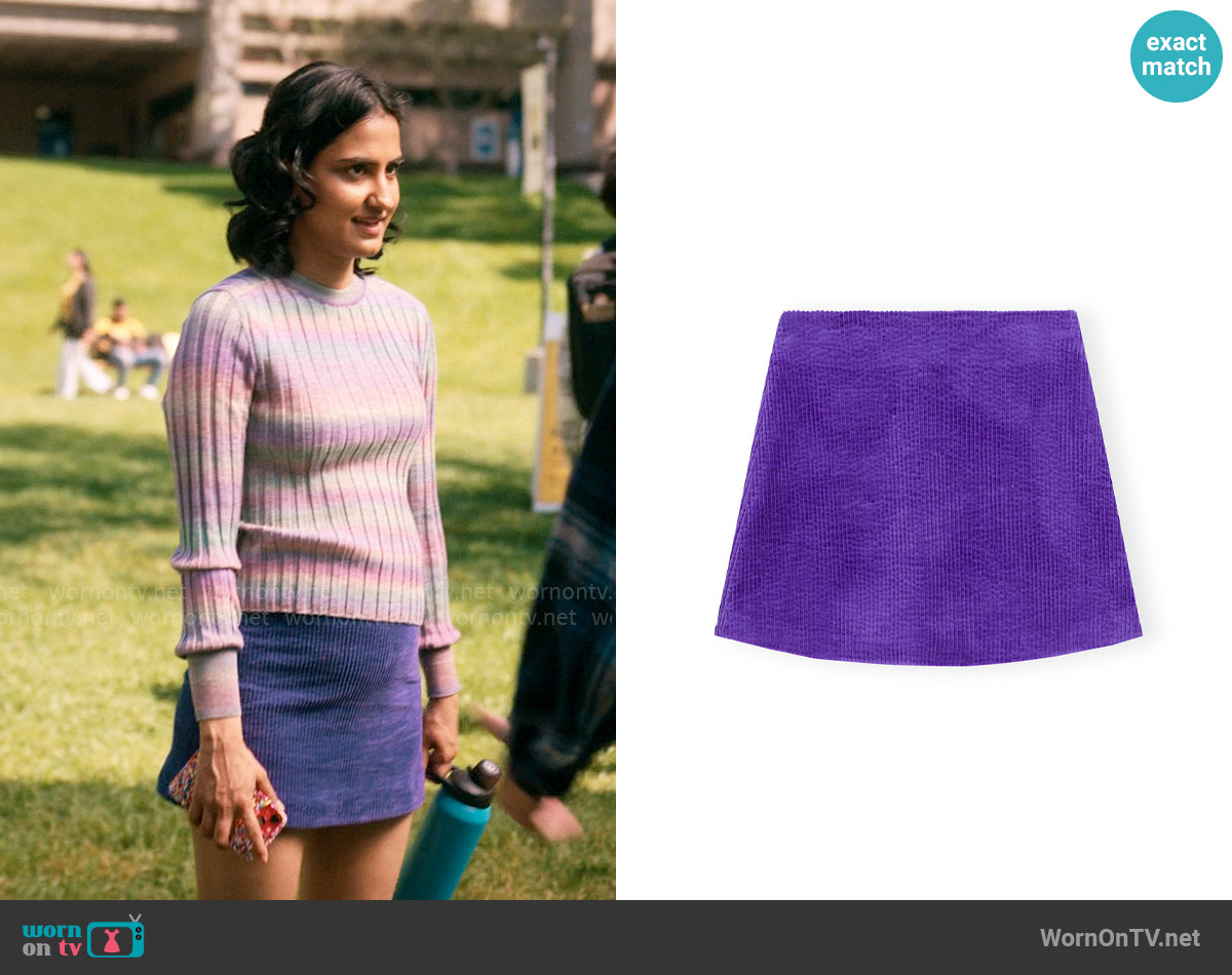 Ganni Corduroy Mini Skirt in Simply Purple worn by Bela Malhotra (Amrit Kaur) on The Sex Lives of College Girls