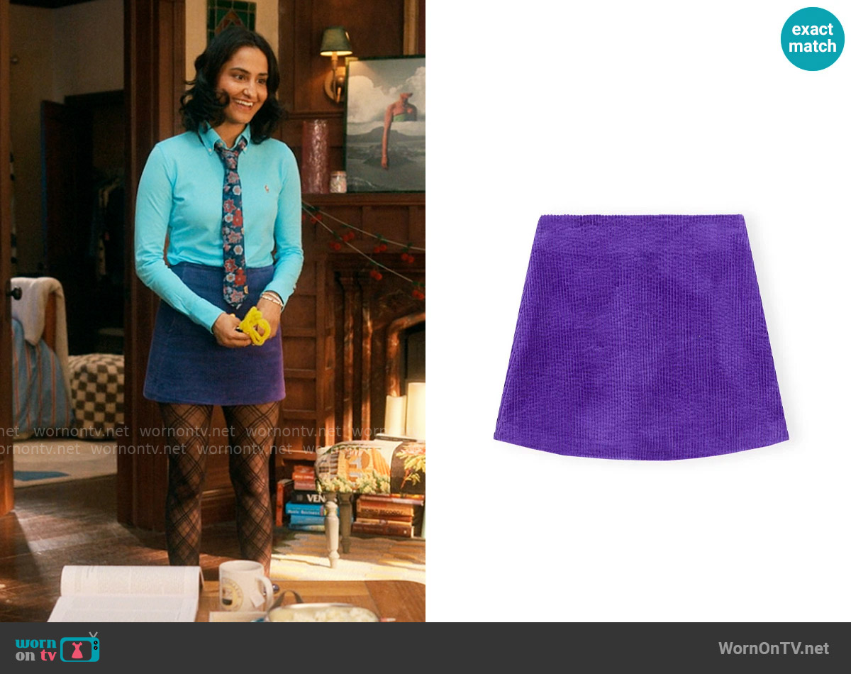 Ganni Corduroy Mini Skirt in Simply Purple worn by Bela Malhotra (Amrit Kaur) on The Sex Lives of College Girls