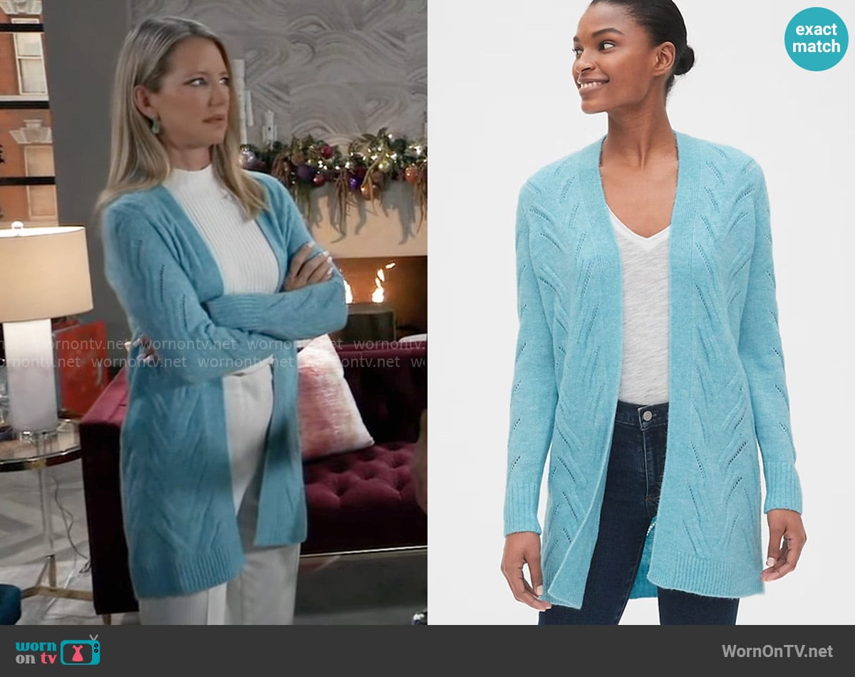 GAP Longline Open-Front Pointelle Cardigan in Light Blue Heather worn by Nina Reeves (Cynthia Watros) on General Hospital