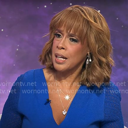 Gayle King’s blue v-neck dress with lace knit sleeves on CBS Mornings