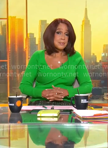 Gayle King’s green asymmetric sweater on CBS Mornings