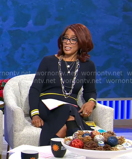 Gayle King’s navy dress with striped waistband on CBS Mornings