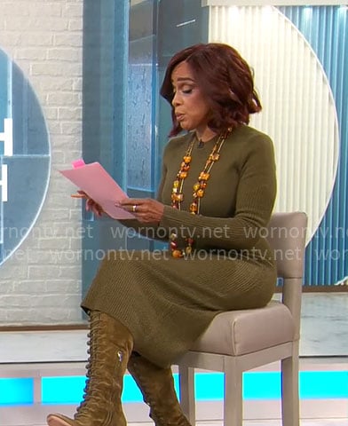 Gayle King’s olive green midi sweater dress on CBS Mornings