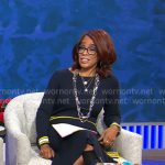 Gayle King’s navy dress with striped waistband on CBS Mornings