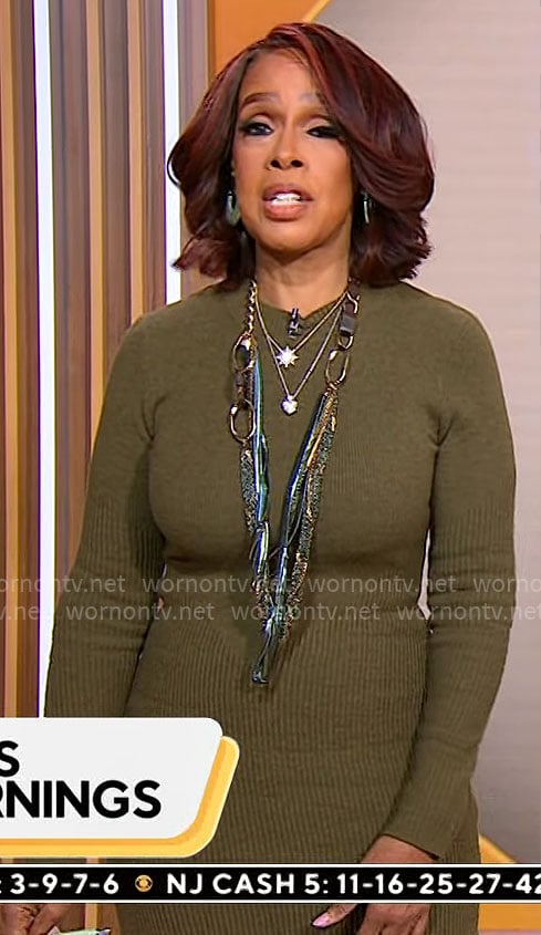 Gayle King’s olive green midi sweater dress on CBS Mornings