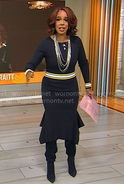 Gayle King’s navy dress with striped waistband on CBS Mornings
