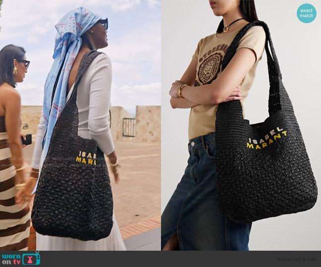 Isabel Marant Praia medium embroidered woven raffia tote worn by Ubah Hassan on The Real Housewives of New York City