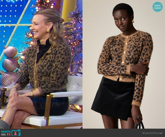 J. Crew Brushed Sweater Lady Jacket in leopard print worn by Lara Spencer on Good Morning America