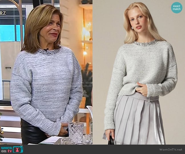 J. Crew Embellished Pullover Sweater in Light Grey Silver Metal worn by Hoda Kotb on Today