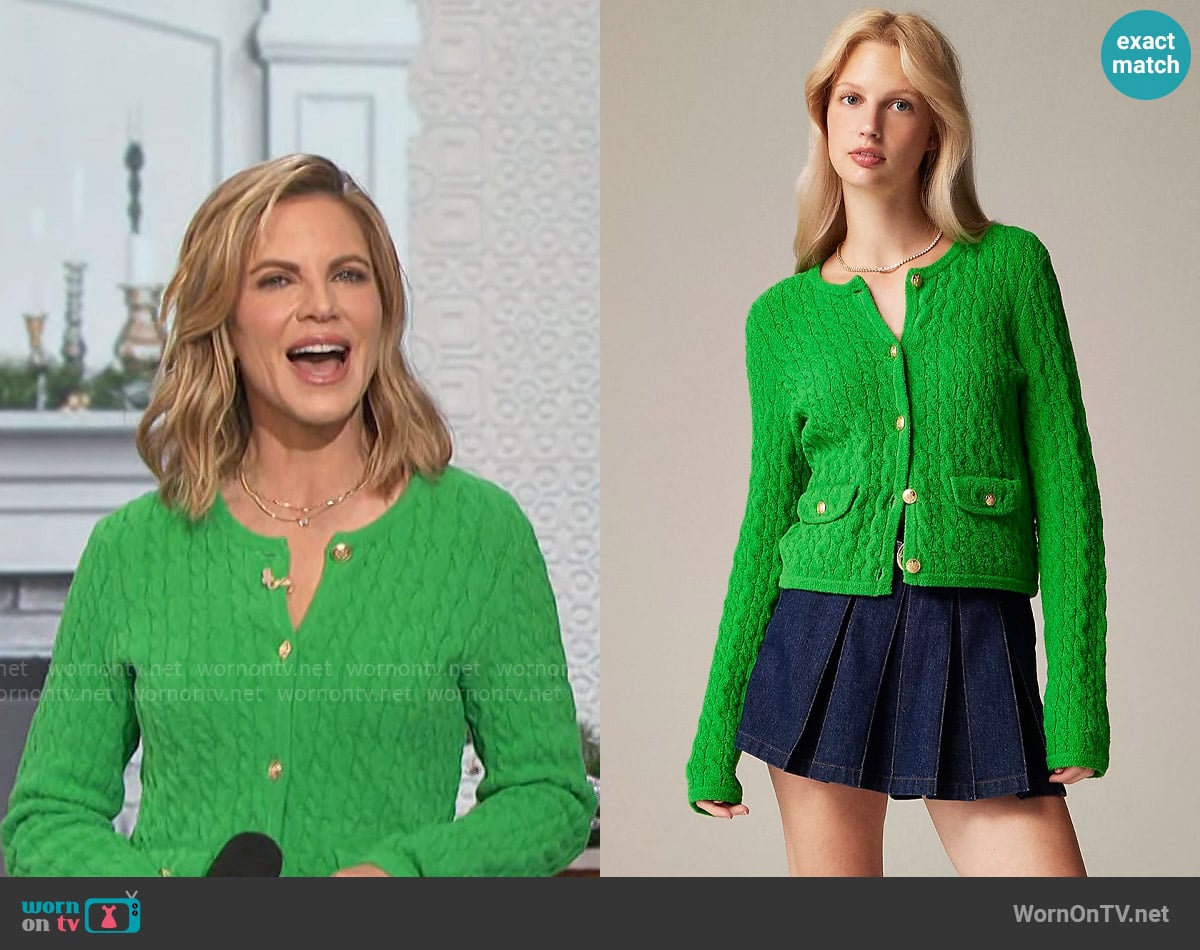 J. Crew Odette cable-knit sweater lady jacket in cotton-blend bouclé worn by Natalie Morales on The Talk
