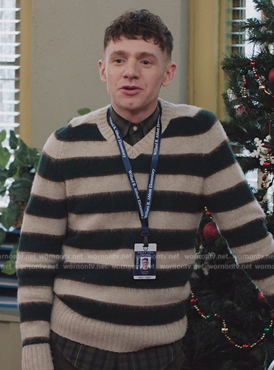 Jacob’s striped v-neck sweater on Abbott Elementary