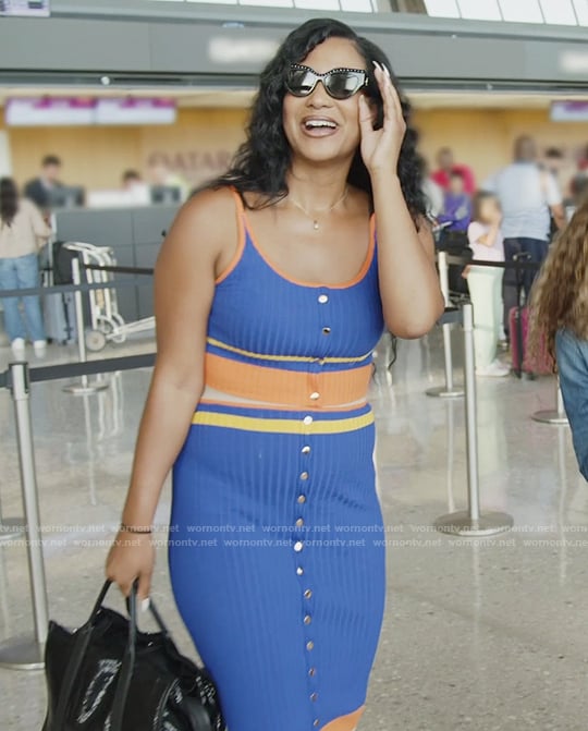 Jacqueline’s blue striped crop top and skirt on The Real Housewives of Potomac