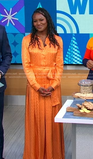 Janai’s orange print wide leg jumpsuit on Good Morning America
