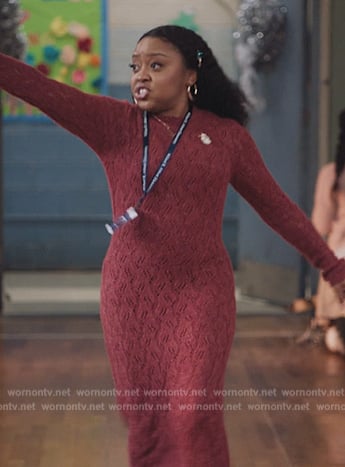 Janine’s red pointelle knit maxi dress on Abbott Elementary