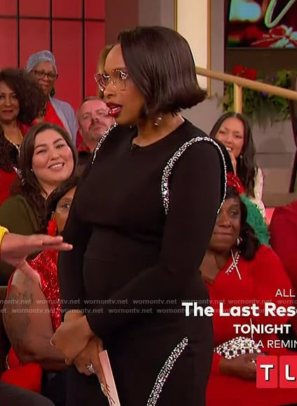 Jennifer’s black embellished trim mini dress on The Jennifer Hudson Show