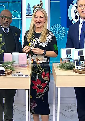 Jennifer Jolly’s black floral elbow sleeve sheath dress on Today