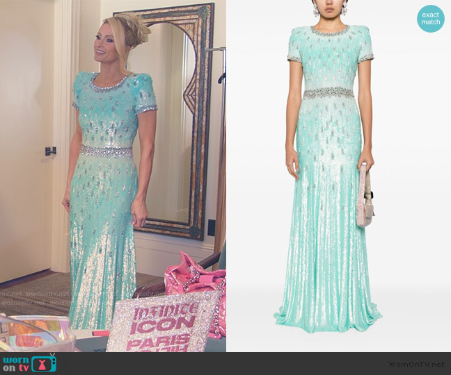 Jenny Packham Greta sequinned gown worn by Paris Hilton on Paris and Nicole The Encore