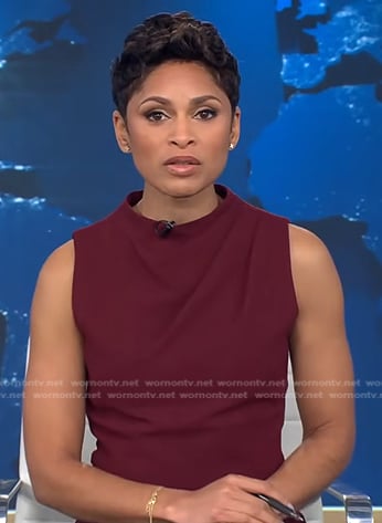 Jericka’s maroon sleeveless jumpsuit on CBS Evening News