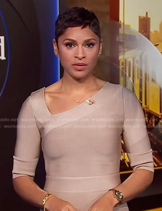 Jericka’s beige asymmetric neck dress on CBS Evening News