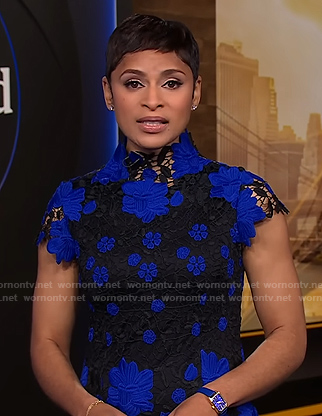 Jericka’s black and blue floral lace dress on CBS Evening News