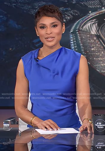 Jericka’s blue cowl neck top and bandage pencil skirt on CBS Evening News