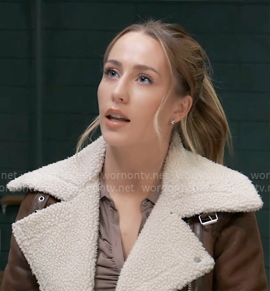 Josslyn’s brown leather and sherpa biker jacket on General Hospital