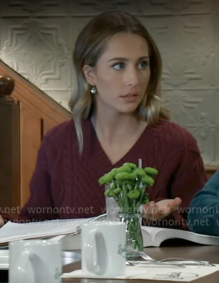 Josslyn’s burgundy cable-knit sweater on General Hospital