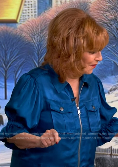 Joy’s blue satin short sleeve jacket on The View