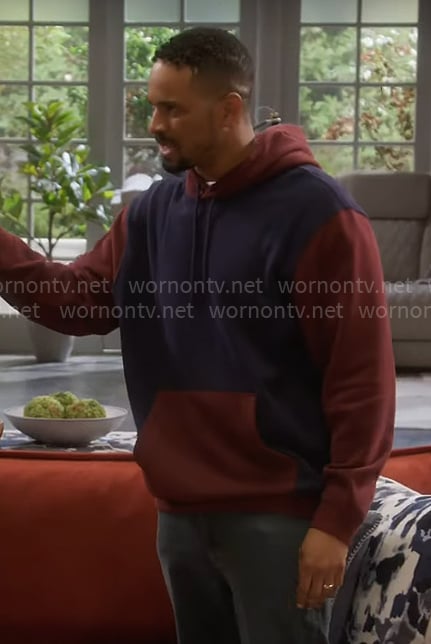 Junior’s navy and burgundy colorblock hoodie on Poppas House