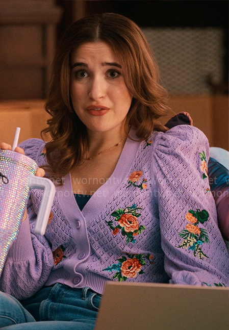 Kacey’s purple floral cardigan on The Sex Lives of College Girls