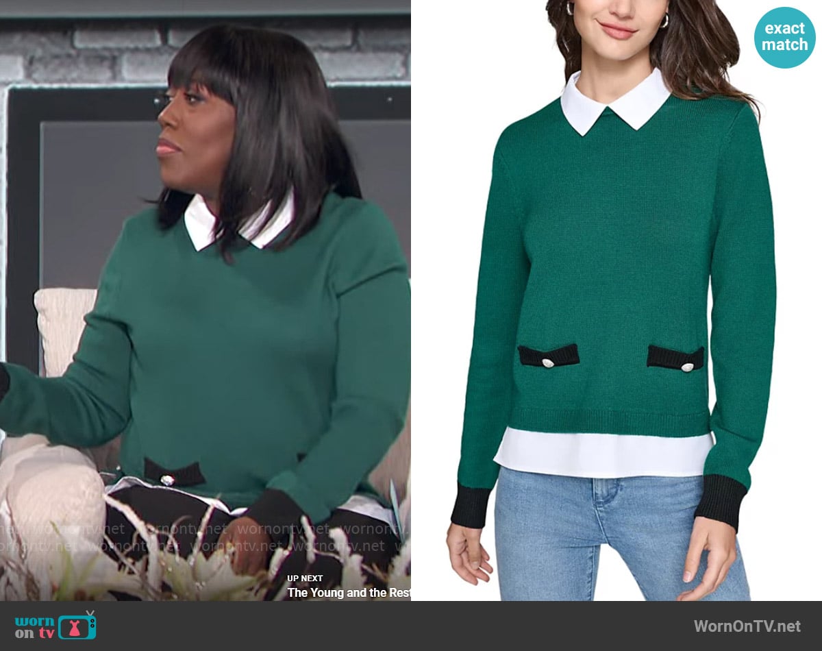 Karl Lagerfeld Paris Layered-Look Sweater in Veridian worn by Sheryl Underwood on The Talk