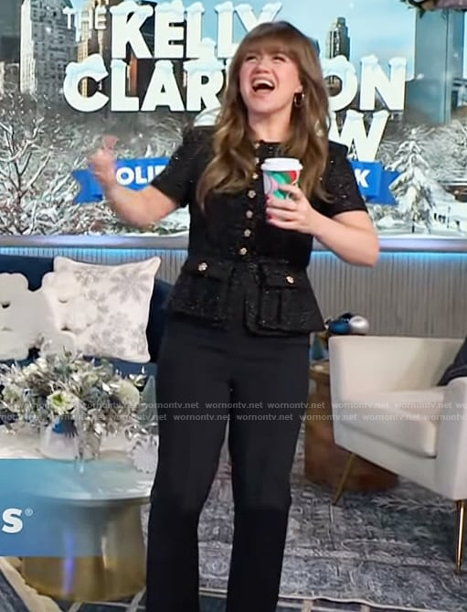 Kelly’s black metallic tweed jumpsuit on The Kelly Clarkson Show