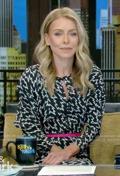 Kelly’s black printed dress on Live with Kelly and Ryan