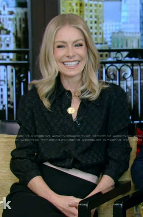 Kelly’s black satin blouse on Live with Kelly and Mark