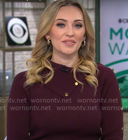 Kelly O’Grady’s purple knit dress with buttons on CBS Mornings