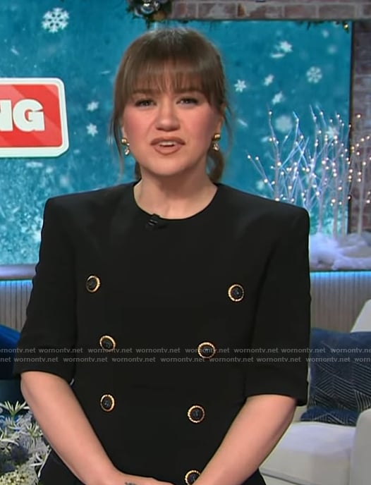 Kelly’s black double breasted mini dress on The Kelly Clarkson Show
