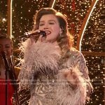 Kelly Clarkson’s embellished feather trim dress on The Voice