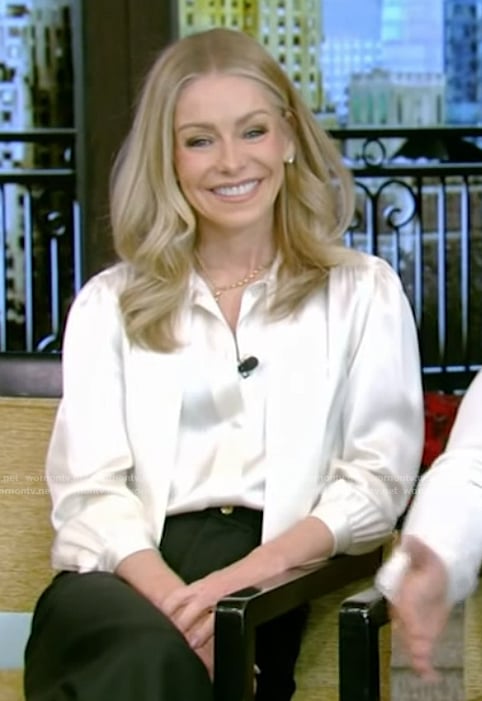 Kelly’s satin tie neck blouse on Live with Kelly and Mark