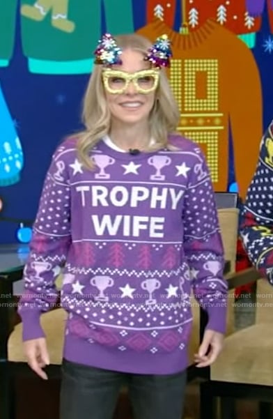 Kelly’s trophy wife Christmas sweater on Live with Kelly and Mark