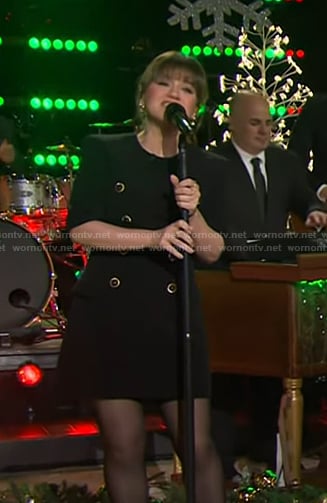 Kelly’s black double breasted mini dress on The Kelly Clarkson Show