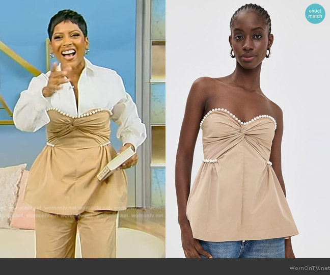 Kika Vargas Hebe Strapless Bead-Trim Top worn by Tamron Hall on Tamron Hall Show