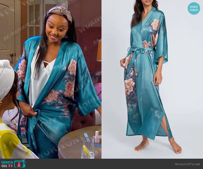 Kim + Ono Silk Keina Long Kimono Robe in Aqua worn by Chanel Dupree (Raven Bowens) on Days of our Lives