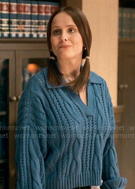 Kimberly’s blue cable-knit polo sweater on The Sex Lives of College Girls