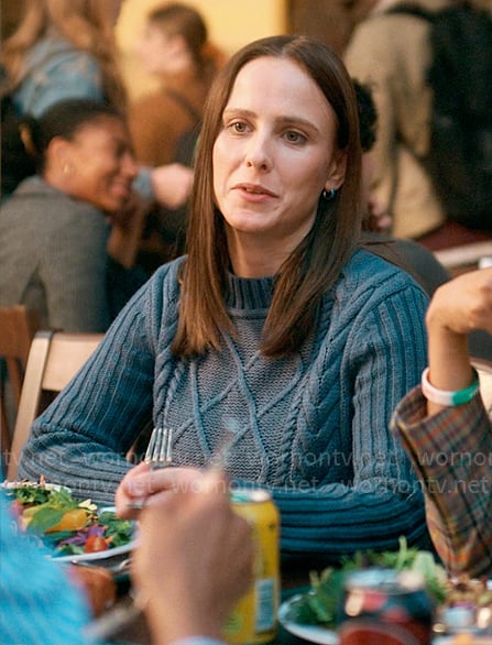 Kimberly’s blue cable-knit sweater on The Sex Lives of College Girls