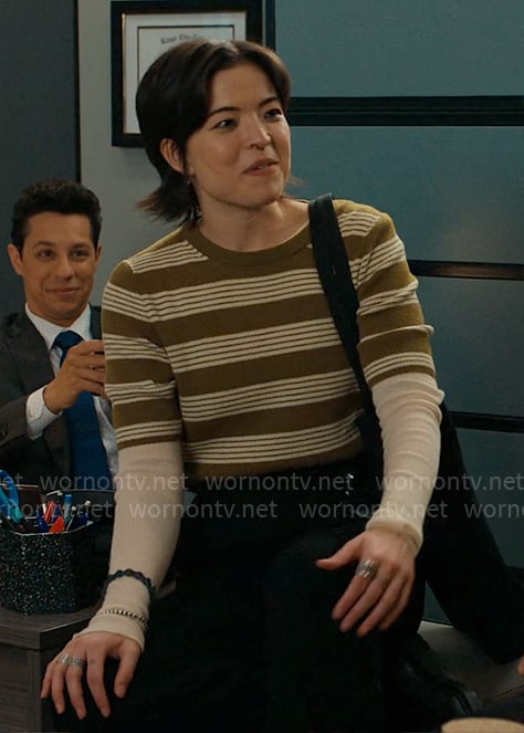 Kira’s olive green striped top on Matlock